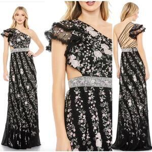 Mac Duggal Black Multi Embroidered Ruffled Gown size 8 Style # 70160